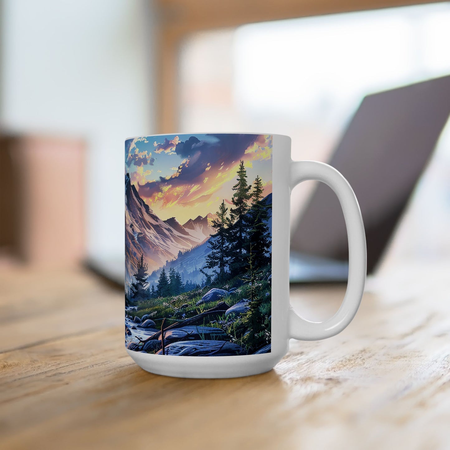 Mountain Creekside Campfire Ceramic Mug - 15 oz. - Campfire Vibes with Every Sip!