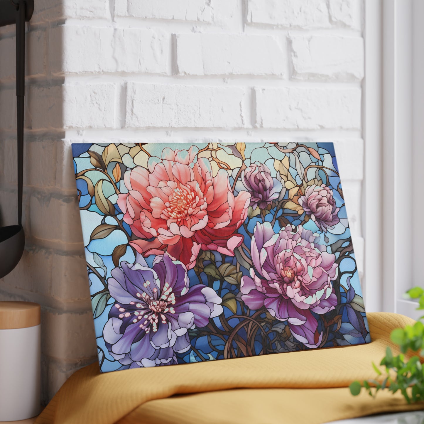 Stained Glass Series: Beautiful Flowers Glass Cutting Board - Available in 2 sizes.