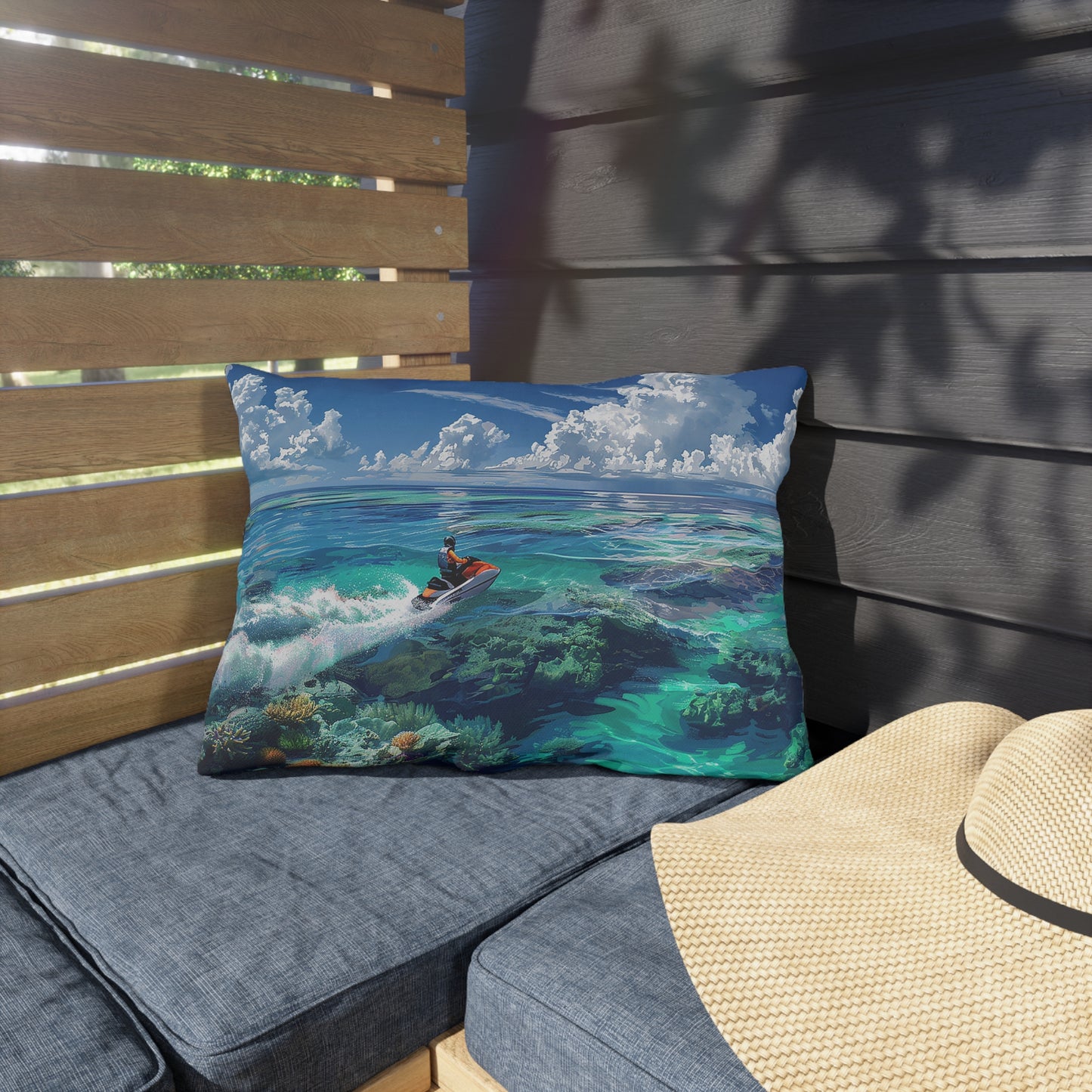 Jet Ski Tropical Paradise Outdoor Lumbar Pillow - Spun Polyester - Double-Sided Print - UV-Resistant - Water-Resistant - Lumbar size: 20" x 14"
