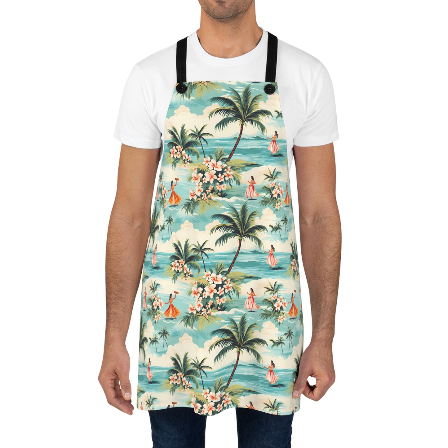 Retro Hawaiian Hula Adult Apron - Tropical Palm Trees, Ocean, Clouds, and Hula Dancers - 100% Polyester, BBQ, Hawaiian, Tropical, Gift for Cook