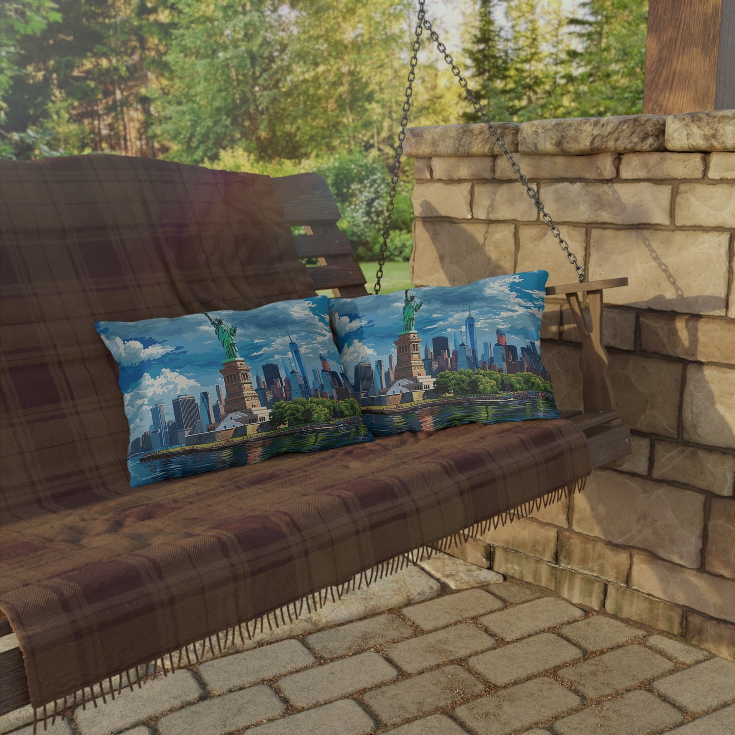 Statue of Liberty Outdoor Lumbar Pillow -Spun Polyester - Double-Sided Print - UV-Resistant - Water-Resistant - Lumber size: 20" x 14"