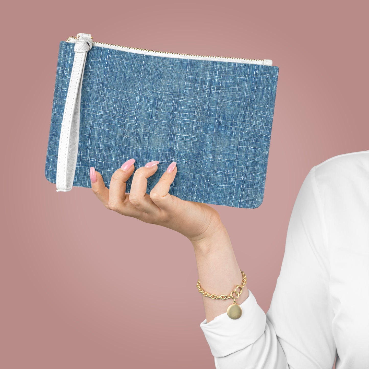 Blue Denim Women's Clutch Bag - PU Faux Leather - Saffiano Finish - Wrist Strap!