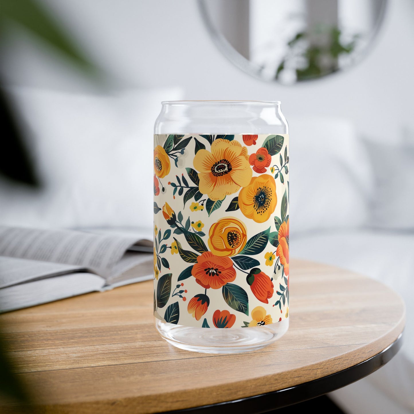 Golden Bloom Harmony Sipper Glass Tumbler - 16 oz - Sip in Cozy Elegance with Every Bloom!