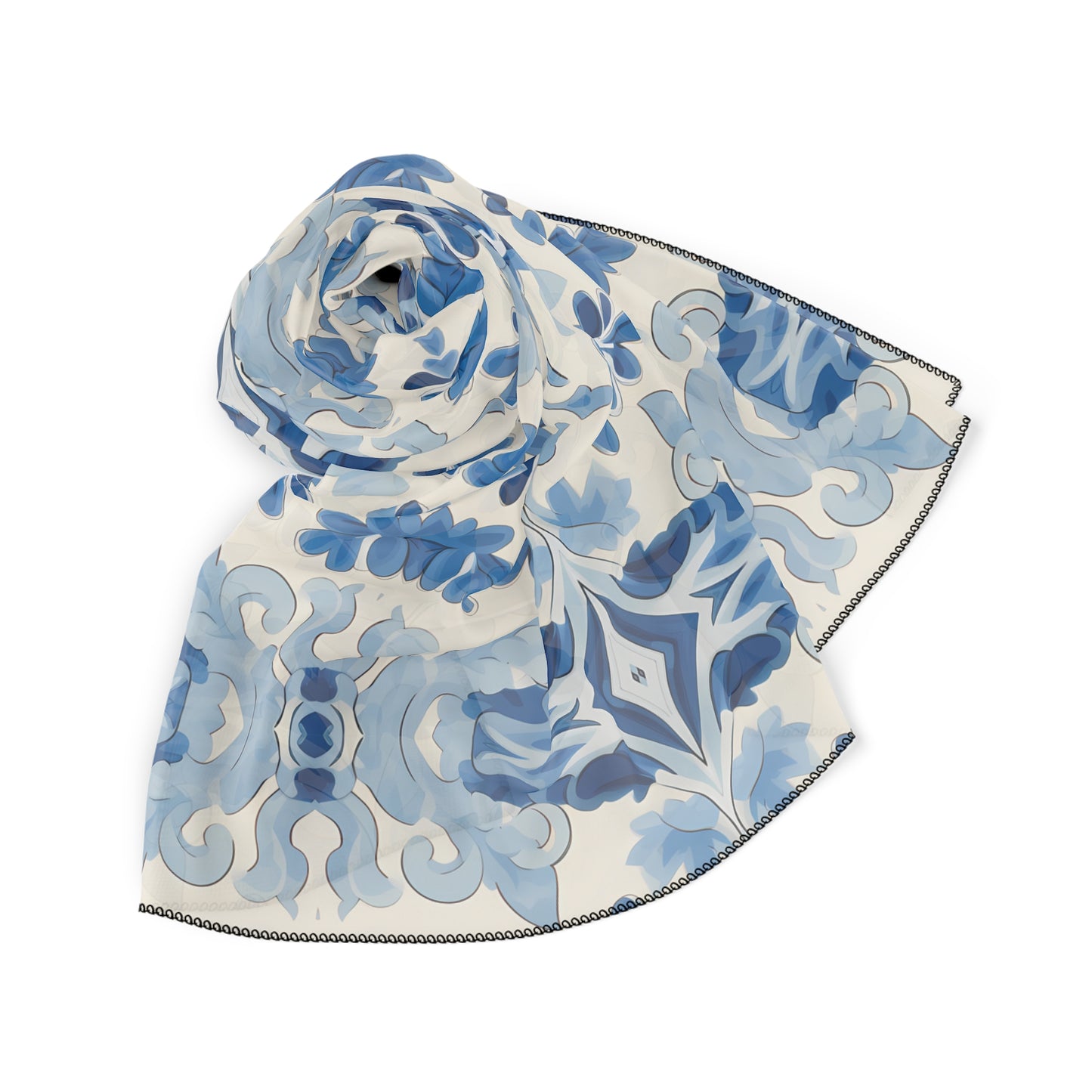 Blue Spanish Tile Poly Voile Scarf. Lightweight & Stylish Accessory, Available in 2 sizes: 25" x 25" or 50" x 50"
