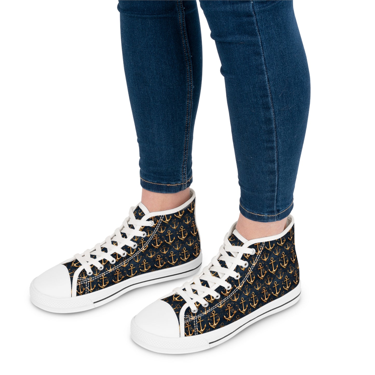 Golden Anchor Ladies' High Top Sneakers - Navigate in Style! Anchor Your Look with a Nautical Touch of Gold - Sail into Chic!