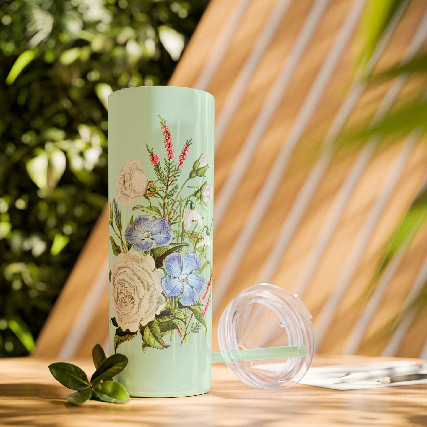 Vintage White & Blue Blossoms Skinny Tumbler with Straw - 20 oz. Insulated Stainless Steel - Blossom in Vintage Beauty with Every Sip!