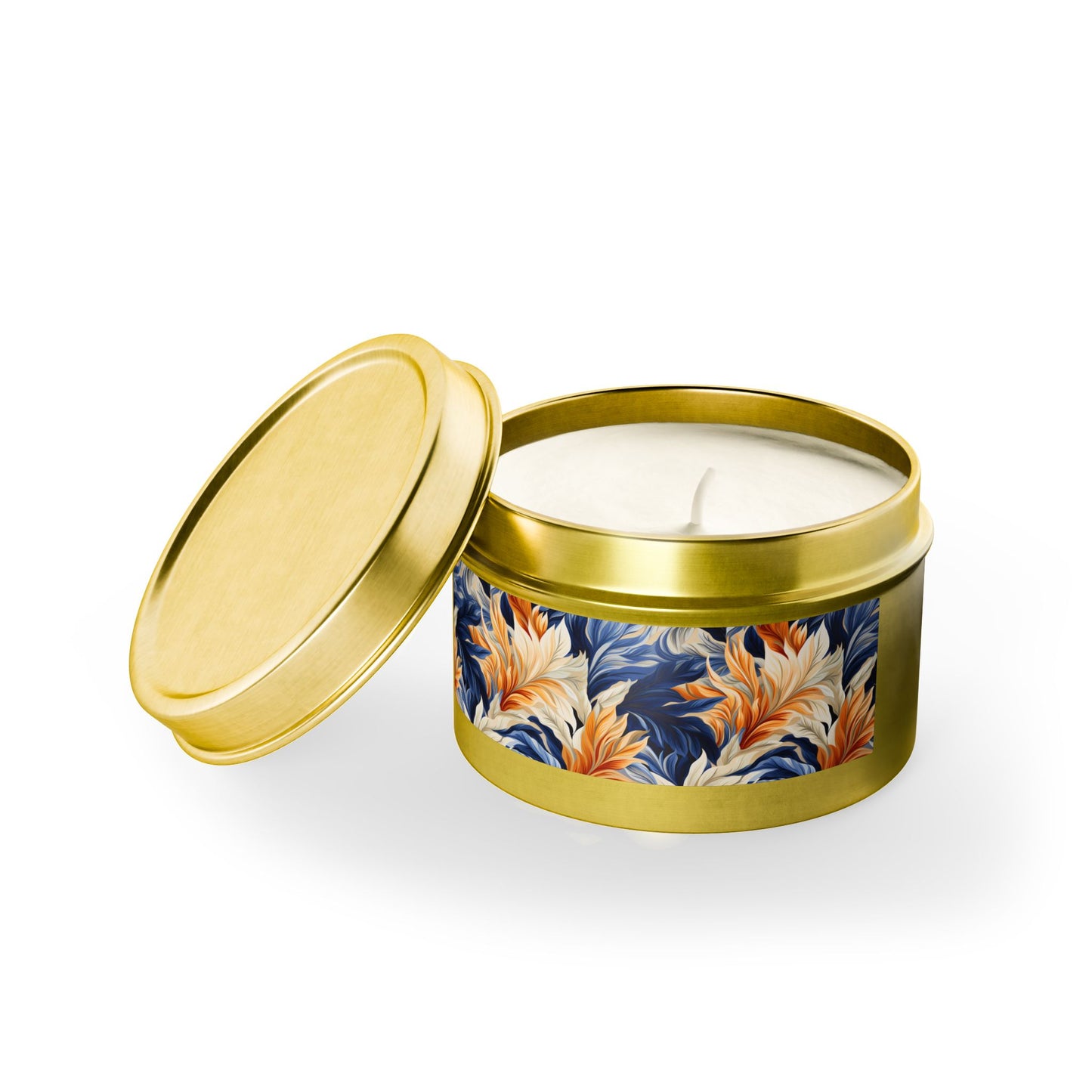 Feathered Fresco Fusion Tin Candle. A Touch of Feathered Grace in Every Flicker. Available in 2 sizes, 3 finishes, and 5 scents.