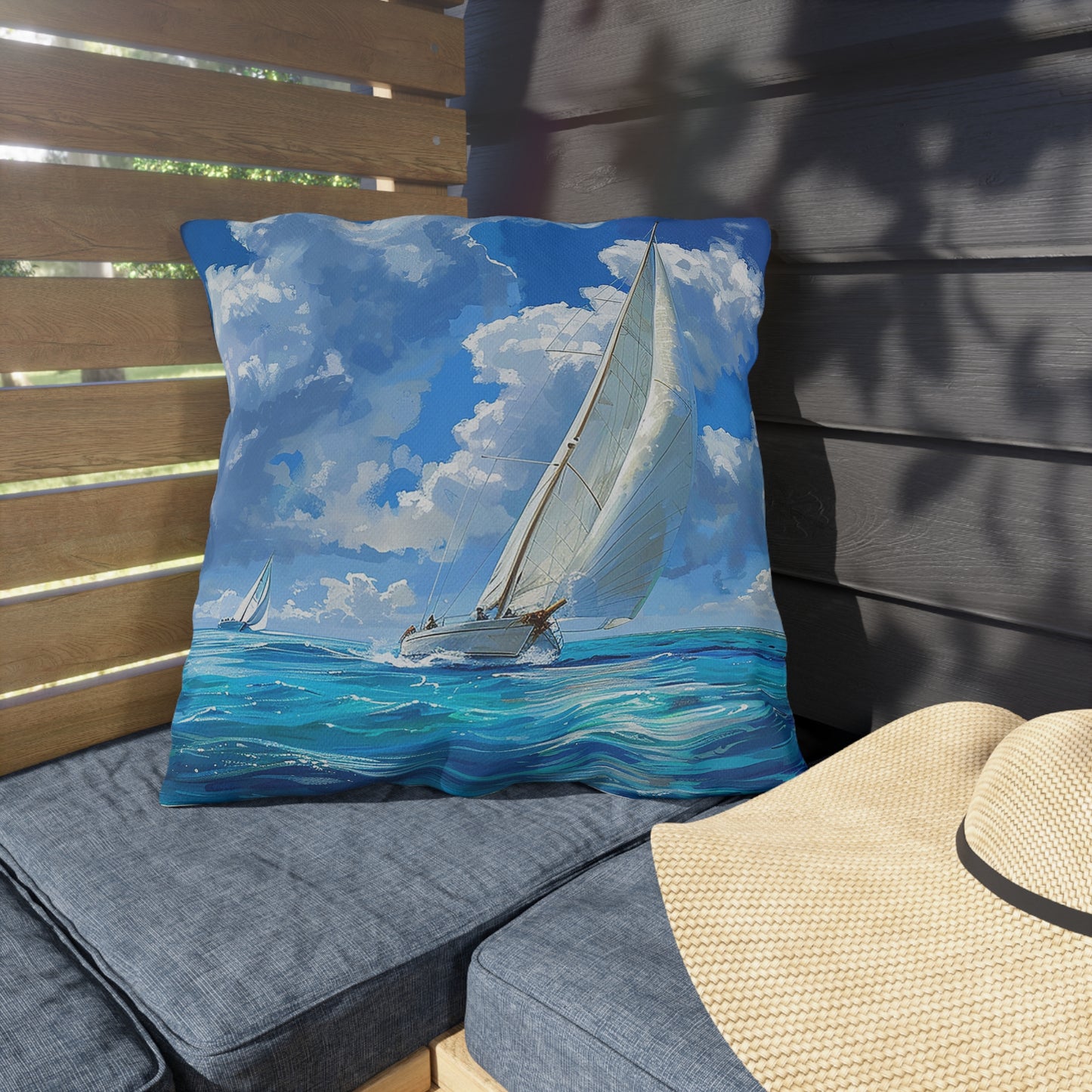 Ocean Breeze Sailing Square Outdoor Pillow - Spun Polyester - Double-Sided Print - UV-Resistant - Water-Resistant - Available in 3 sizes.