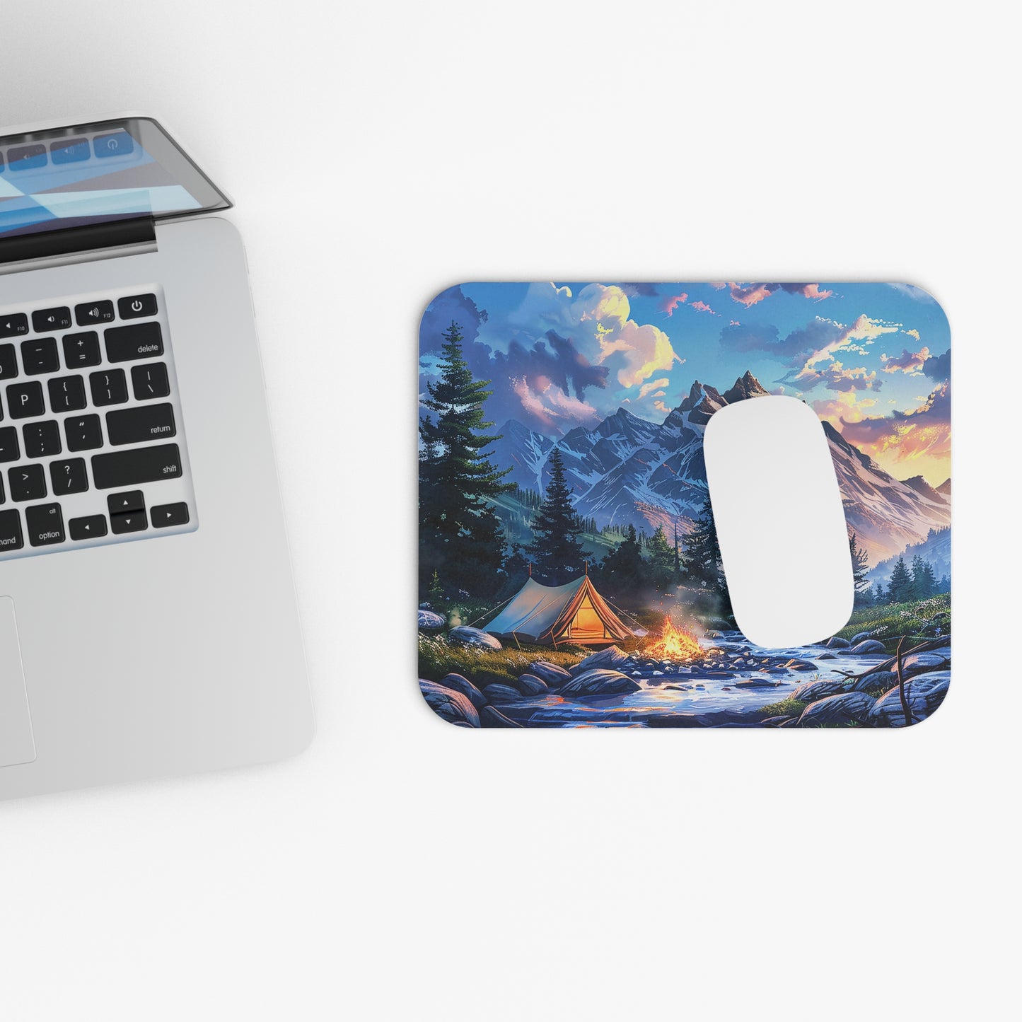 Mountain Creekside Campfire Mouse Pad - Bring the Adventure of the Great Outdoors to Every Click!