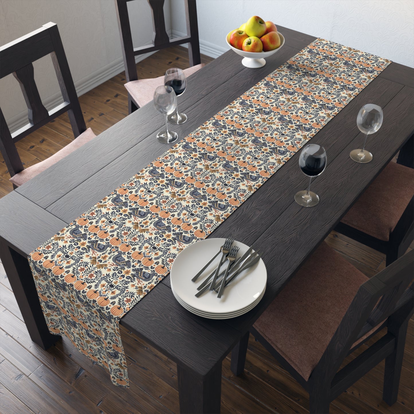 Autumn Harvest Woodcut Table Runner - Cotton Twill - Available in 2 sizes: 16" x 72" and 16" x 90".