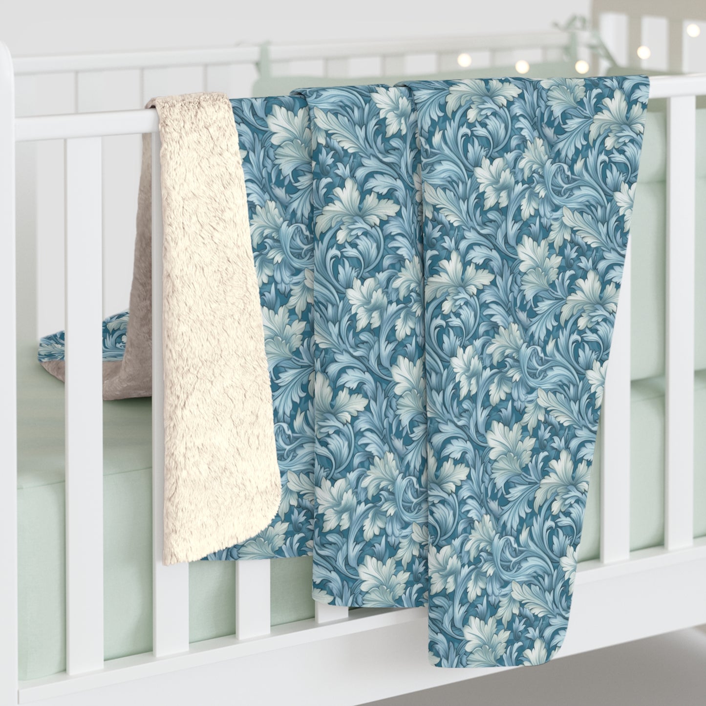 Soft Blue Leaf Tapestry Sherpa Fleece Blanket - Antique Charm, Modern Warmth: Snuggle Up with Soft Blue Leaf Tapestry! Available in 2 sizes.