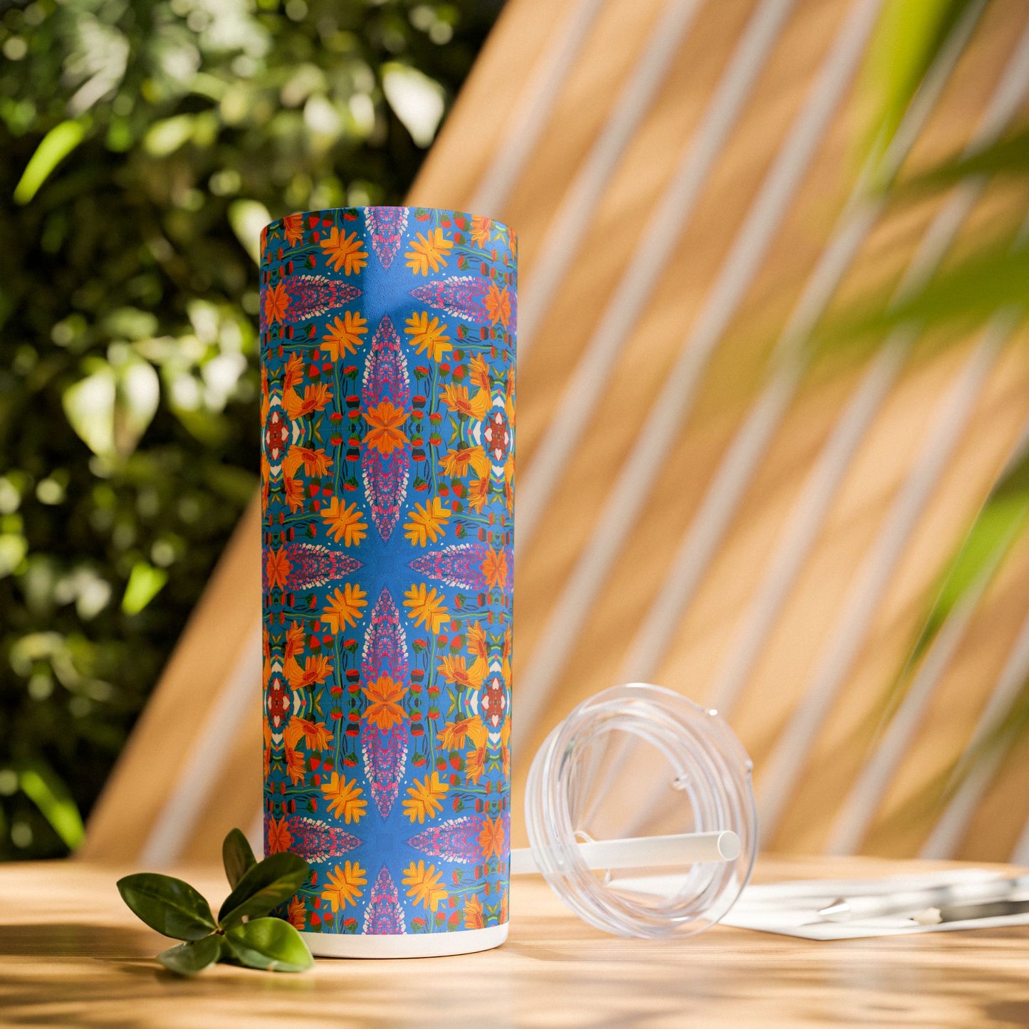 Blooming Mosaic Voyage Skinny Tumbler with Straw - 20 oz. Insulated Stainless Steel - Voyage Through Floral Elegance and Geometric Charm with Every Sip!