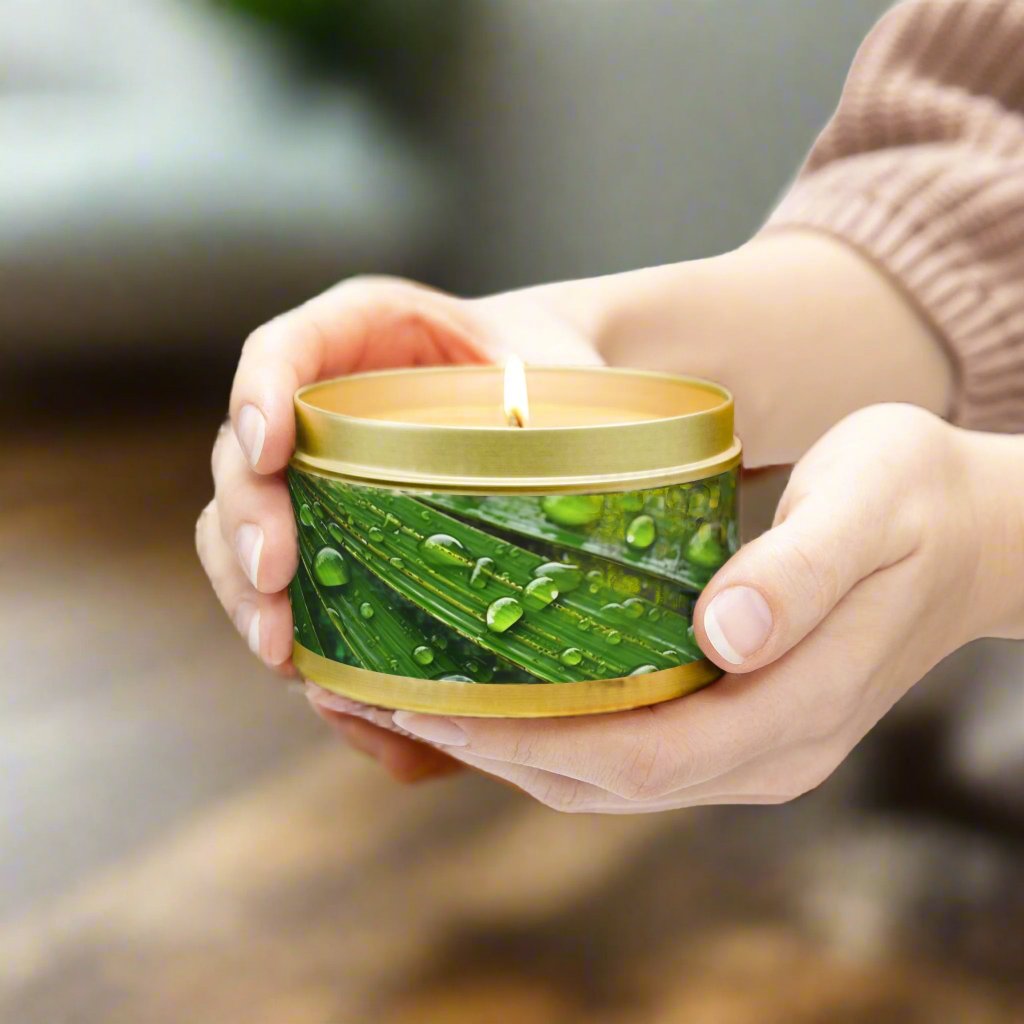 Tranquility Palm Tin Candle. Serenity in Every Spark - Embrace Nature's Calm. Available in 2 sizes, 3 finishes, and 5 scents.