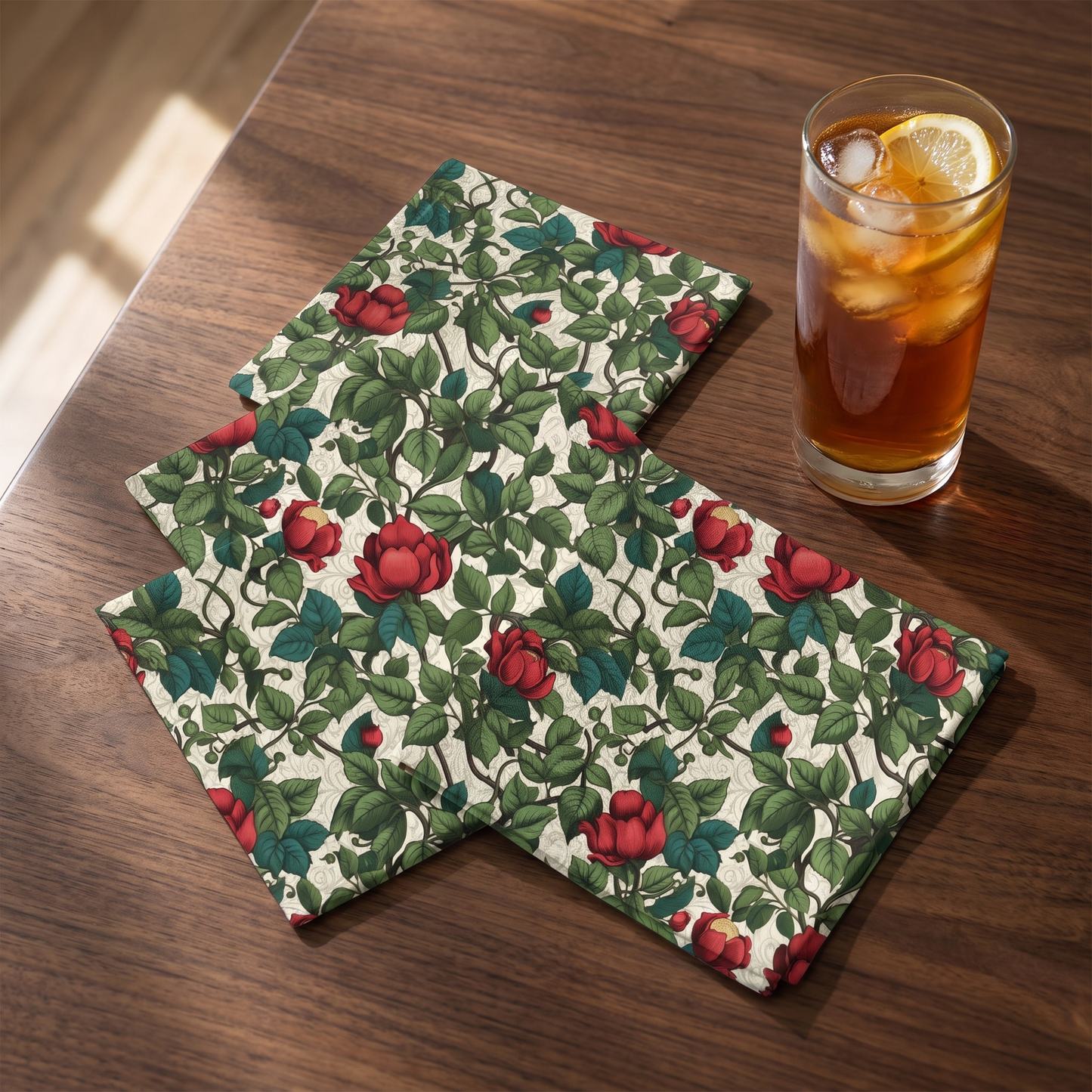 Classic Red Rose & Vine cocktail napkins, set of four, with iced tea glass for scale