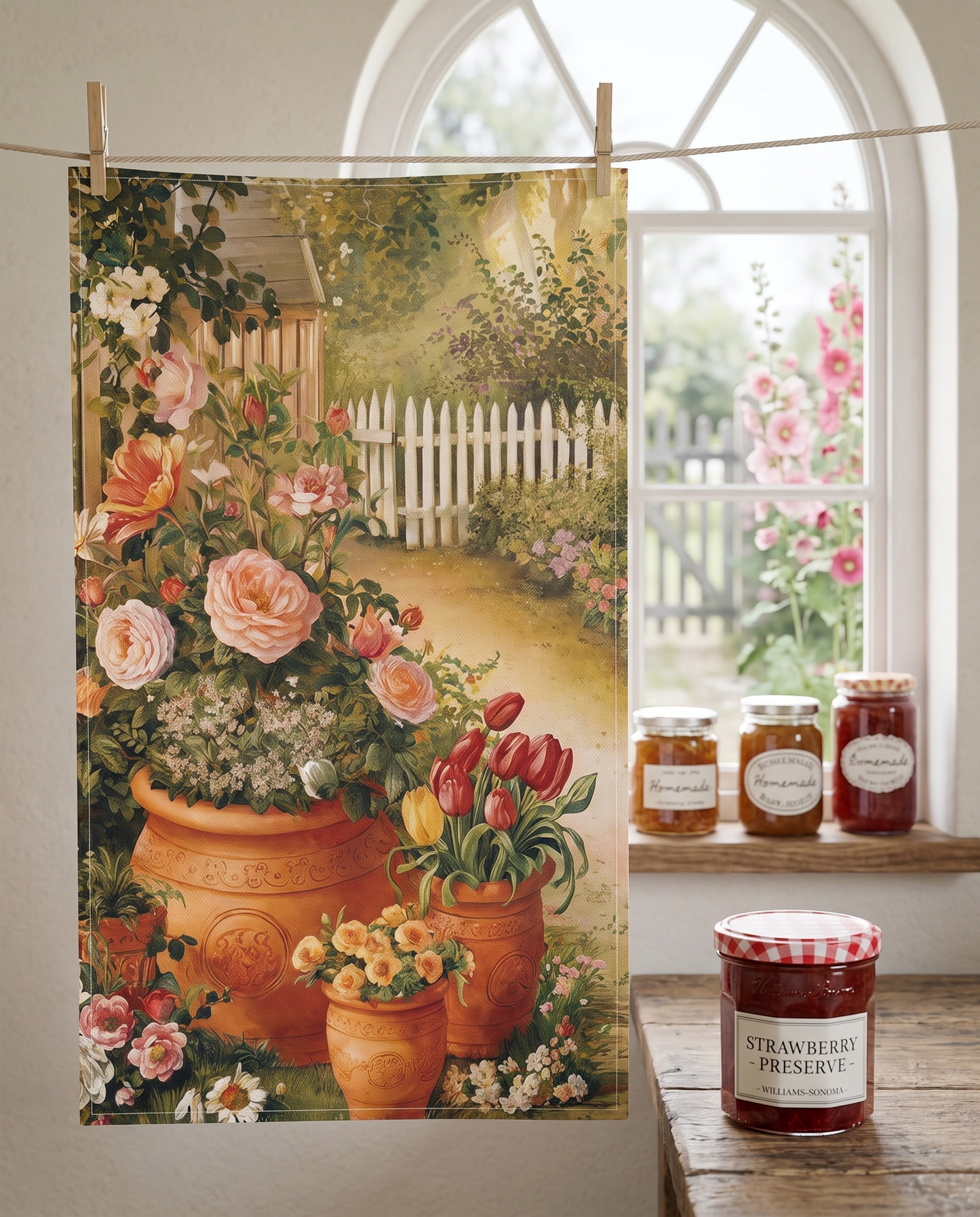 Storybook Garden Gate kitchen towel hanging from clothespins by an arched cottage window
