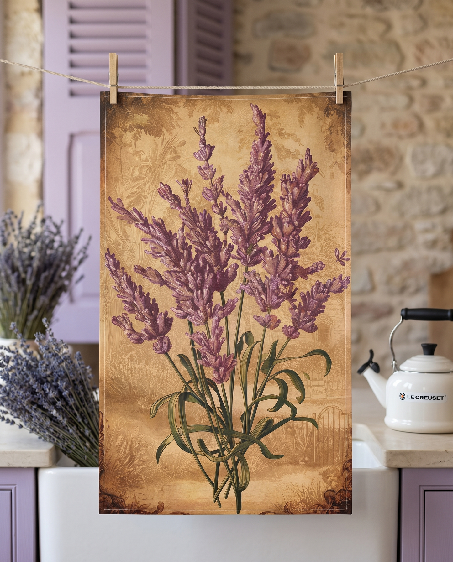 Lavender Lore kitchen towel hanging from clothespins in a Provence stone kitchen