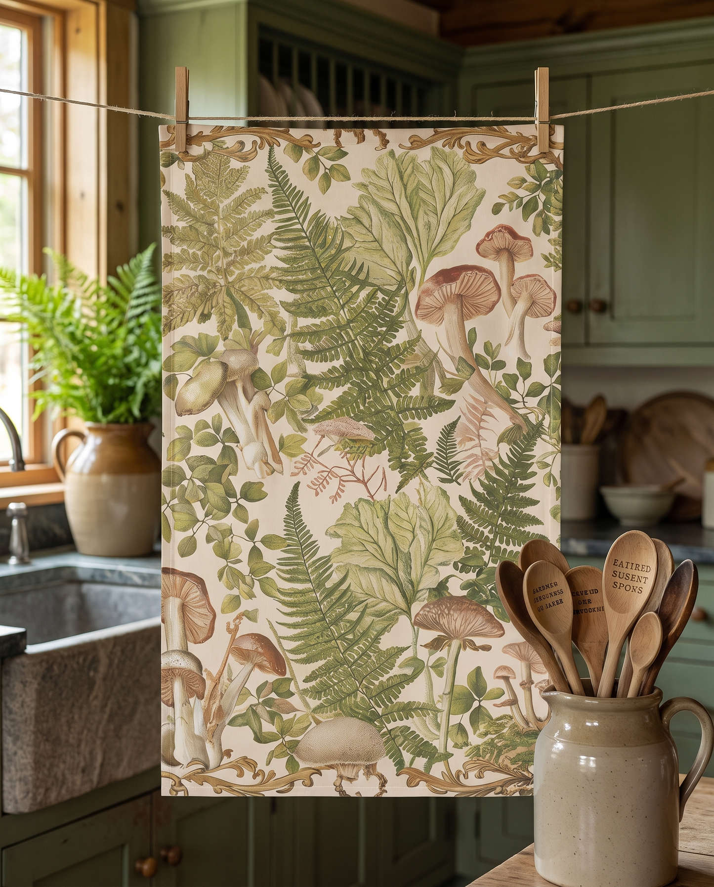 Botanical Woodland Whimsy kitchen towel hanging from clothespins in a woodland cabin kitchen