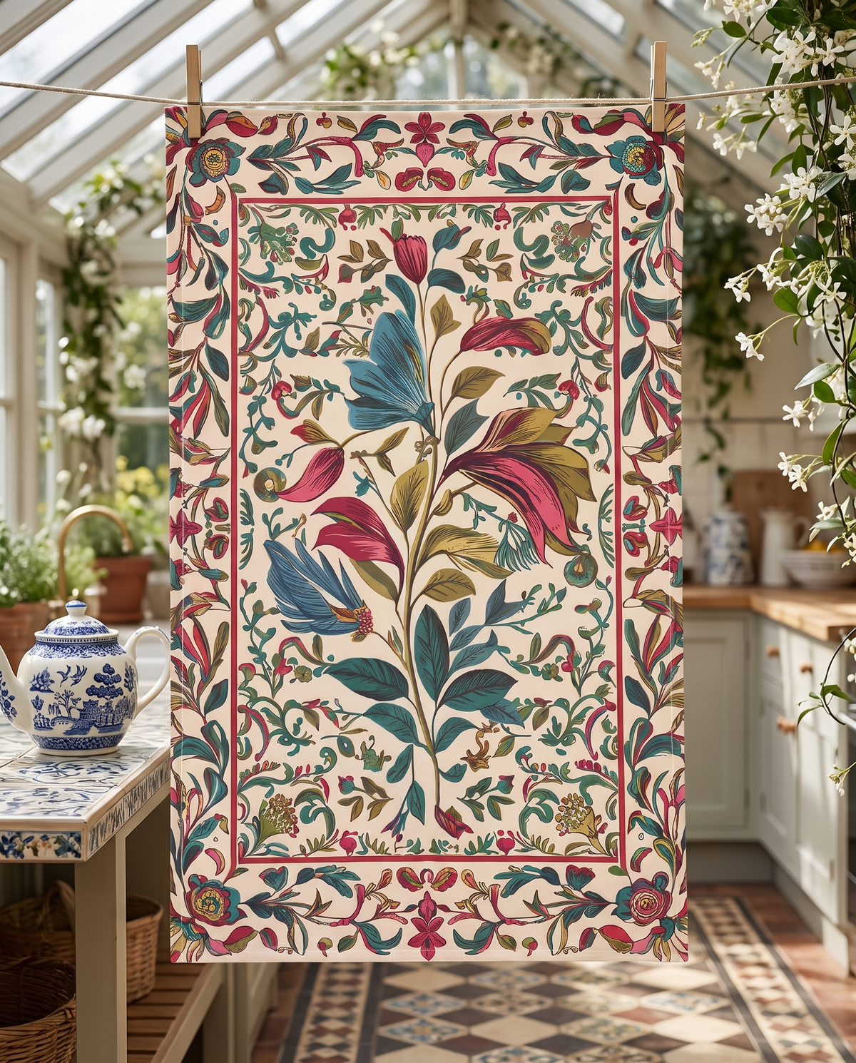 Tapestry Trellis kitchen towel hanging from clothespins in a conservatory kitchen