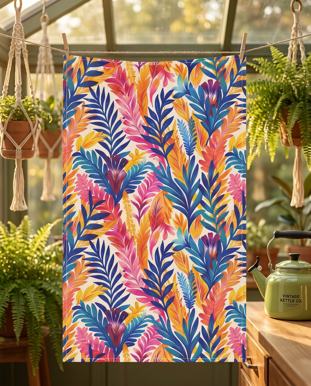 Fern-Tastic Whimsy kitchen towel hanging from clothespins in a 1970s conservatory kitchen