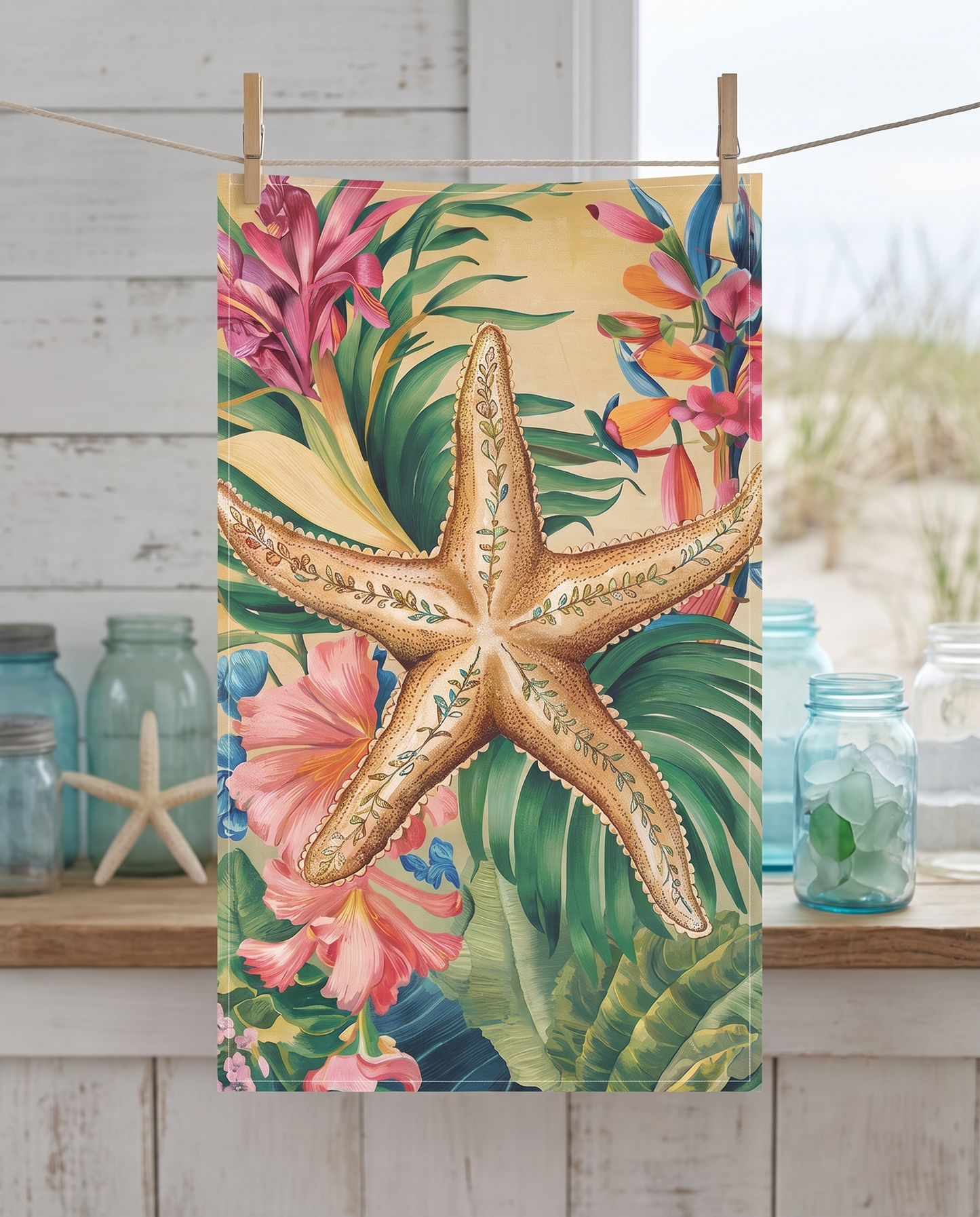 Starfish Soiree kitchen towel hanging from clothespins in a beach cottage kitchen