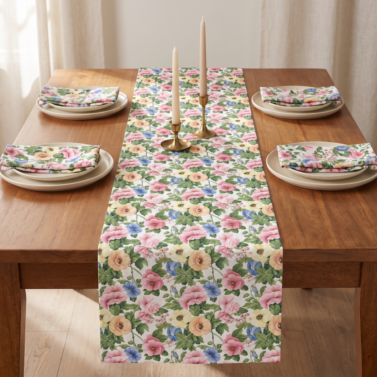 The matching Pastel Garden Elegance table runner styled on a dining table for four