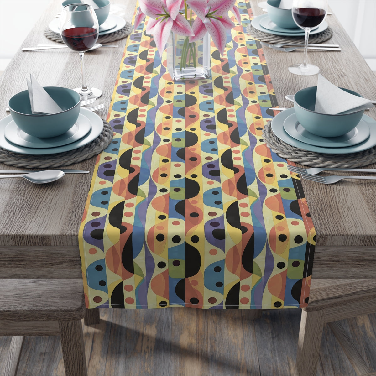 Linear Color Mesa table runner running the length of a farmhouse table, straight-on view