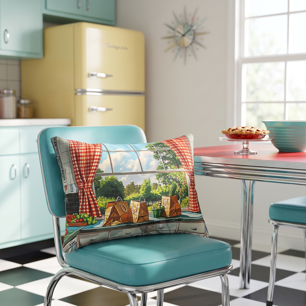 1950s Nostalgic Kitchen lumbar pillow on a turquoise chrome dinette chair