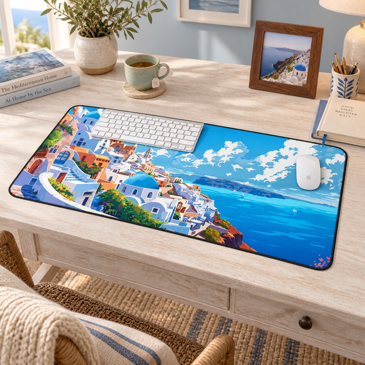 Santorini Serenity Desk Mat (Desk Pad) - Bring Mediterranean Bliss to Your Desk! Available in 3 sizes.