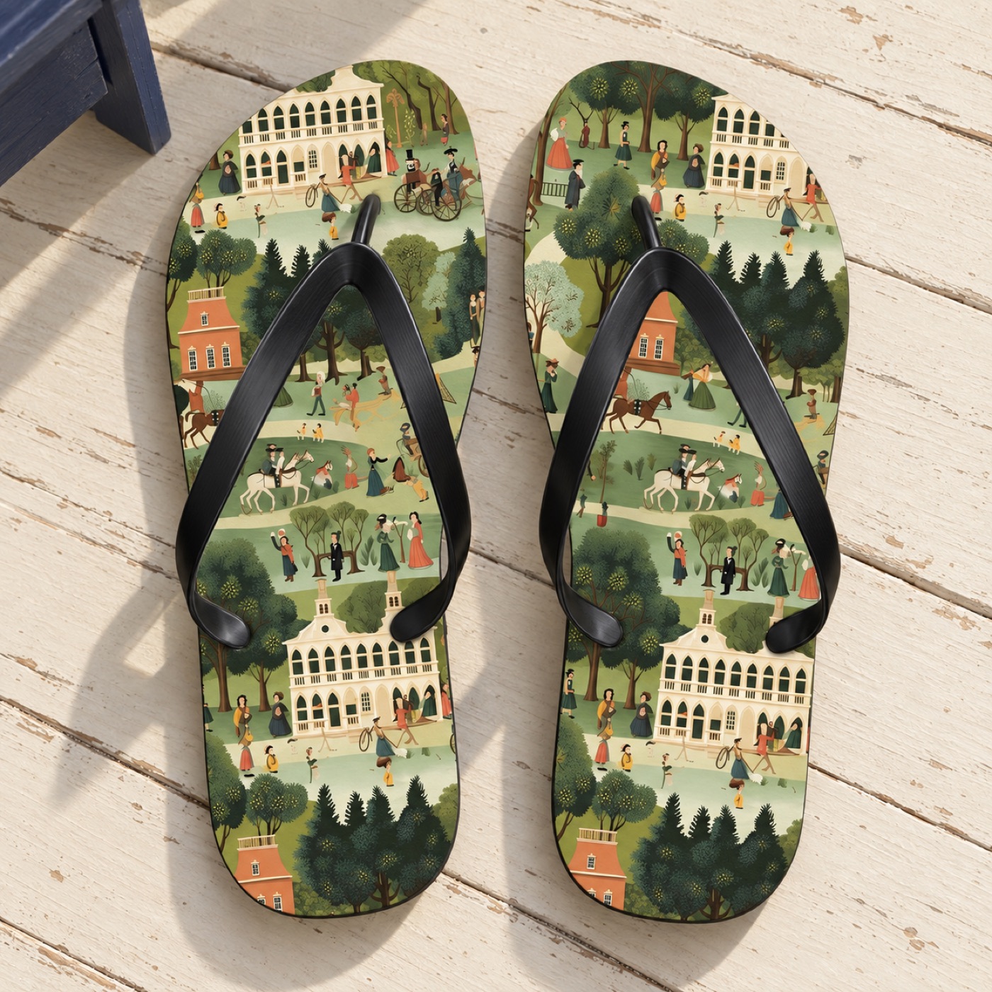 American 18th Century Town Tapestry Flip Flops. 5/8" Thick Comfortable Summer or Winter Gym/Sauna Footwear for Men and Women.