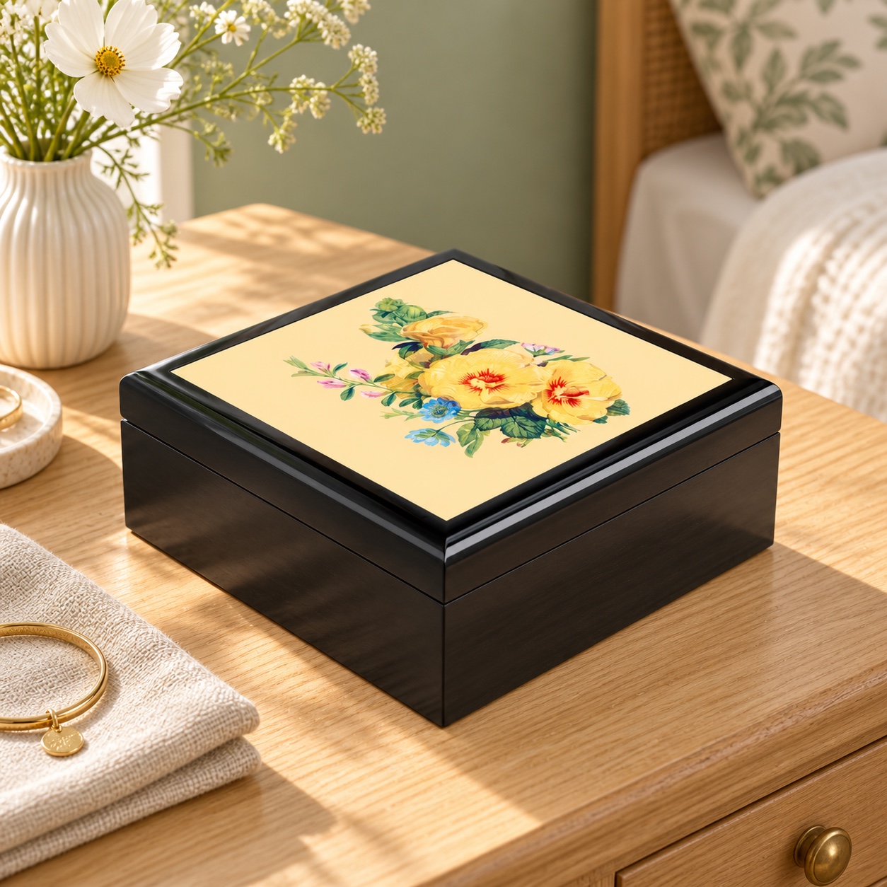 Vintage Yellow Bloom Serenity Jewelry Box - Felt-Lined Rubberwood Keepsake Box with Glossy Printed Lid