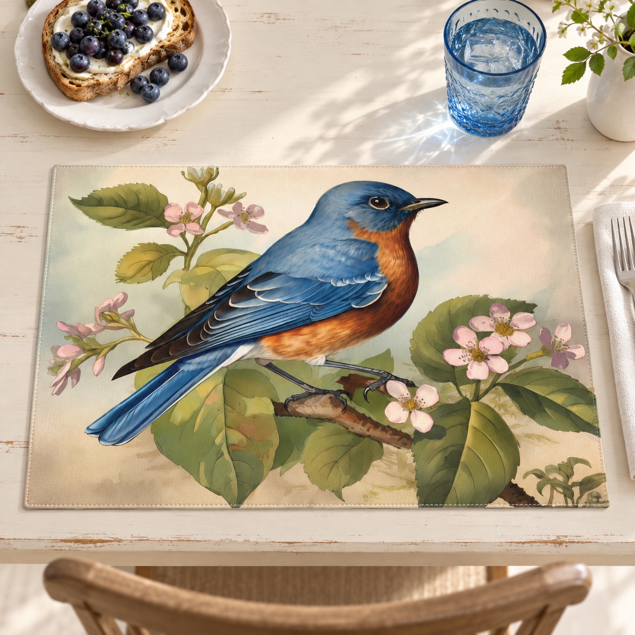 Bluebird Botanical Placemat - Bring the Beauty of Nature to Your Table! Cotton Twill - 18" x 14"