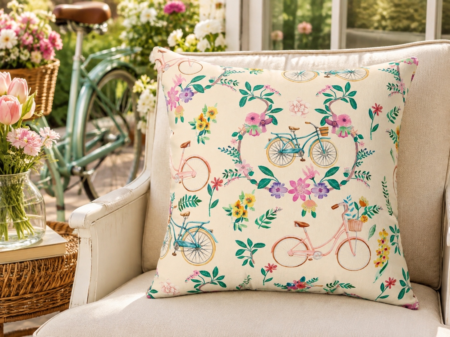 Spring Bicycle Square Throw Pillow - Spun Polyester - Double-Sided Pri