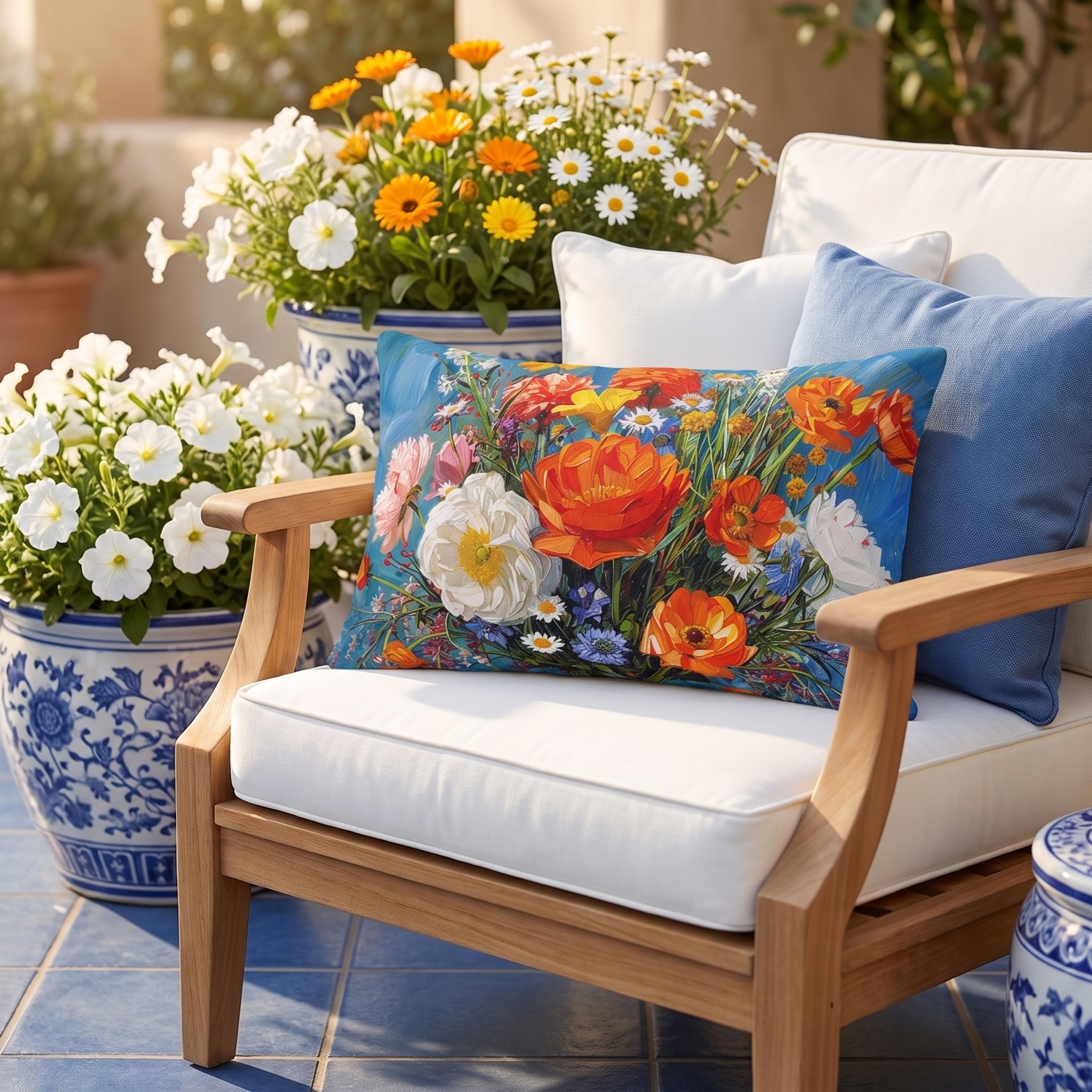 Blossoms on Blue Outdoor Lumbar Pillow - Spun Polyester - Double-Sided
