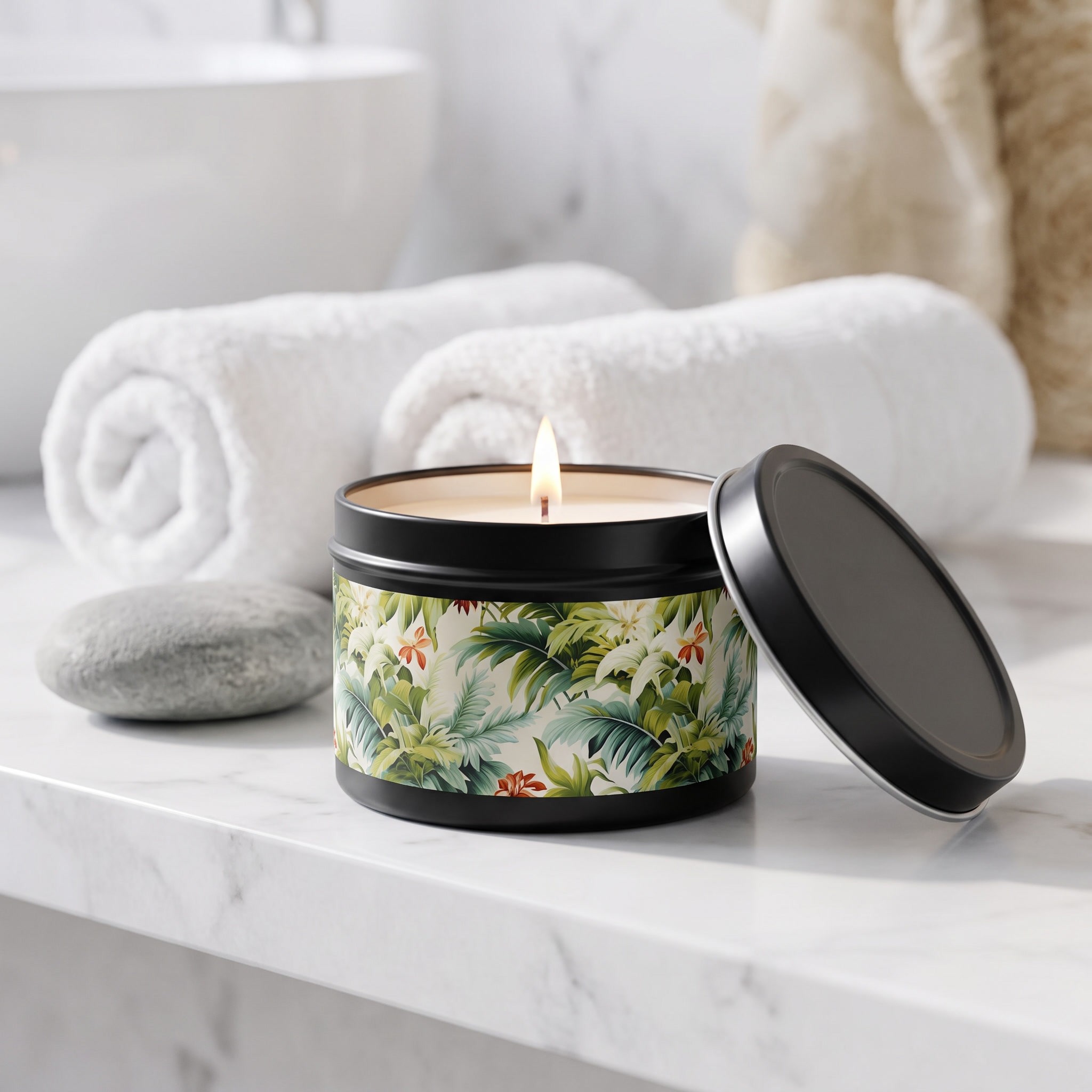 Tropical St. Lucia Palms Tin Candle. Island Serenity To Go. Available in 2 sizes, 3 finishes, and 5 scents.
