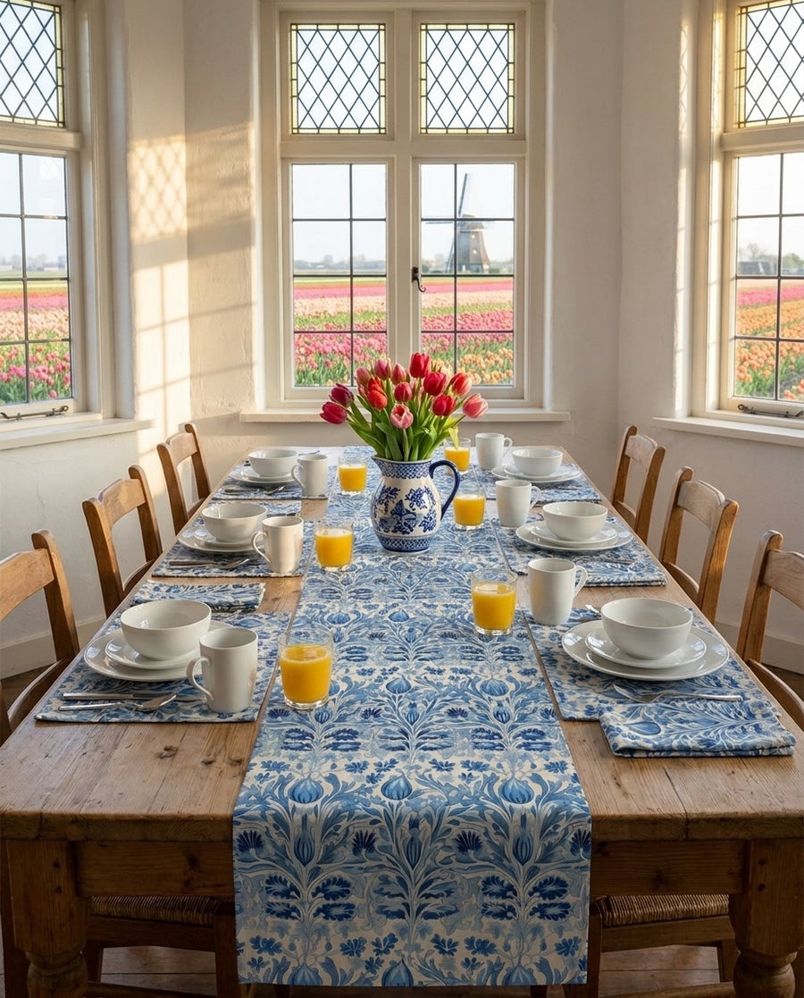 Dutch Blue Tulip Table Runner - Embrace European Elegance with Dutch B