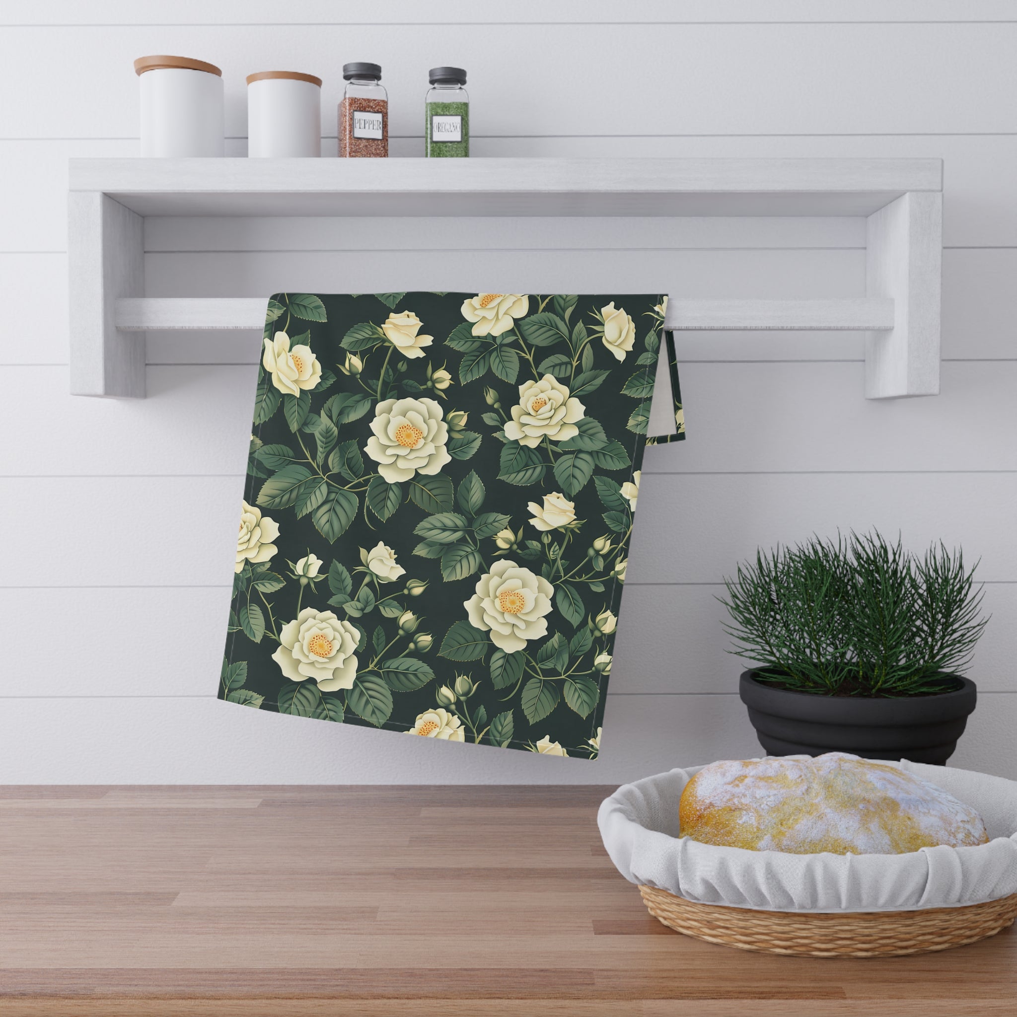 White Roses at Dusk Kitchen Towel. Blossom in the Kitchen with Timeles