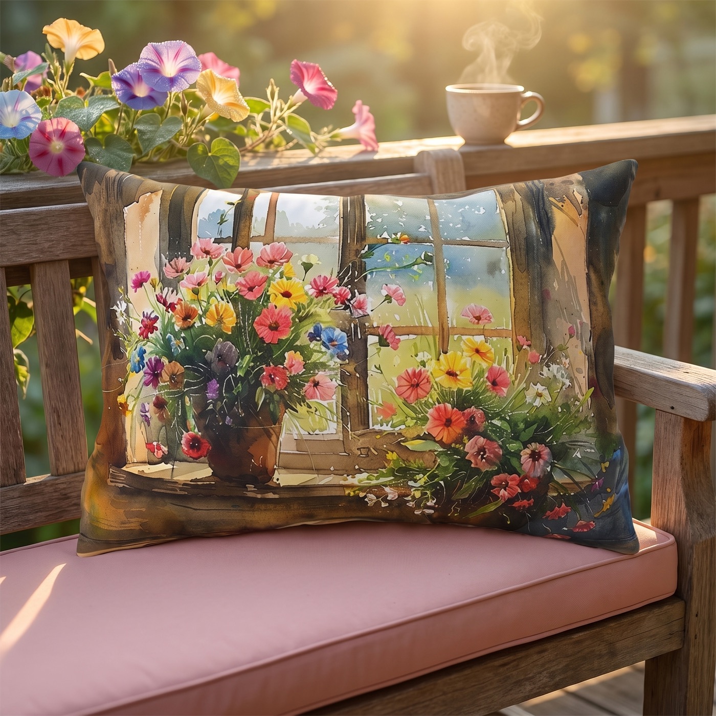 Morning Bloom Delight Outdoor Lumbar Pillow - Spun Polyester - Double-