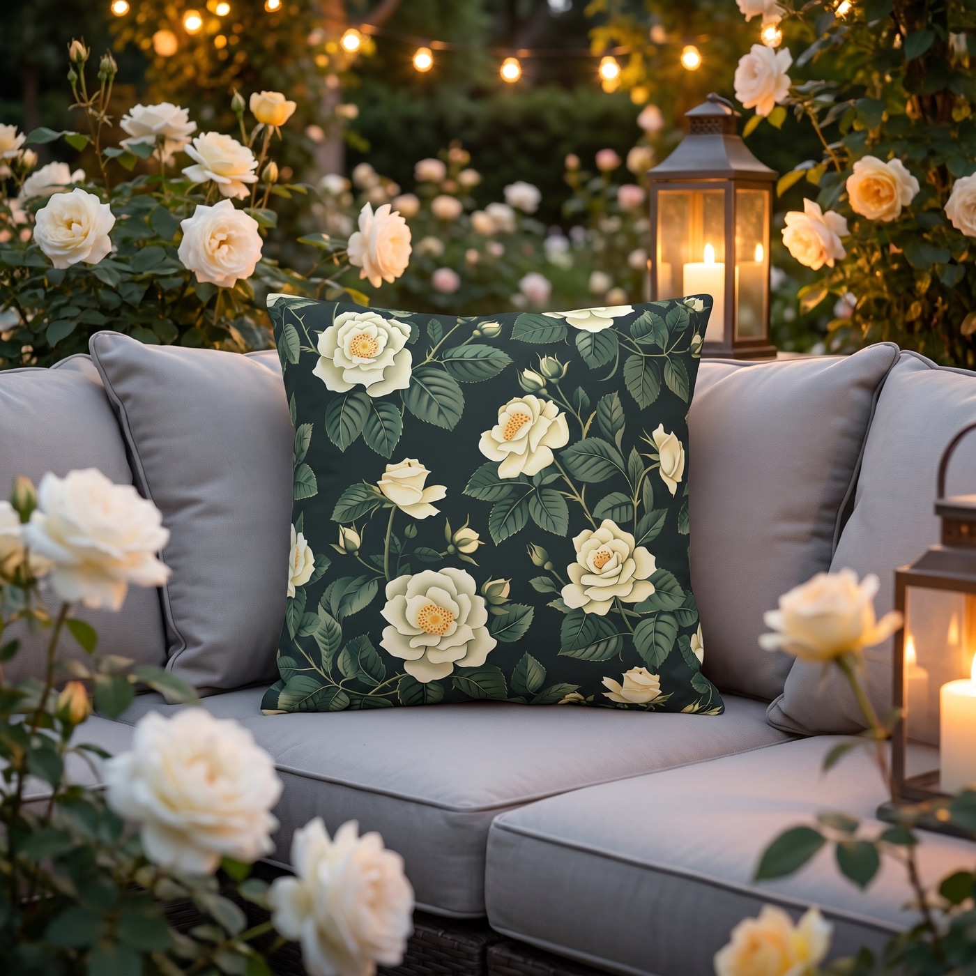 White Roses at Dusk Square Outdoor Pillow - Spun Polyester - Double-Si