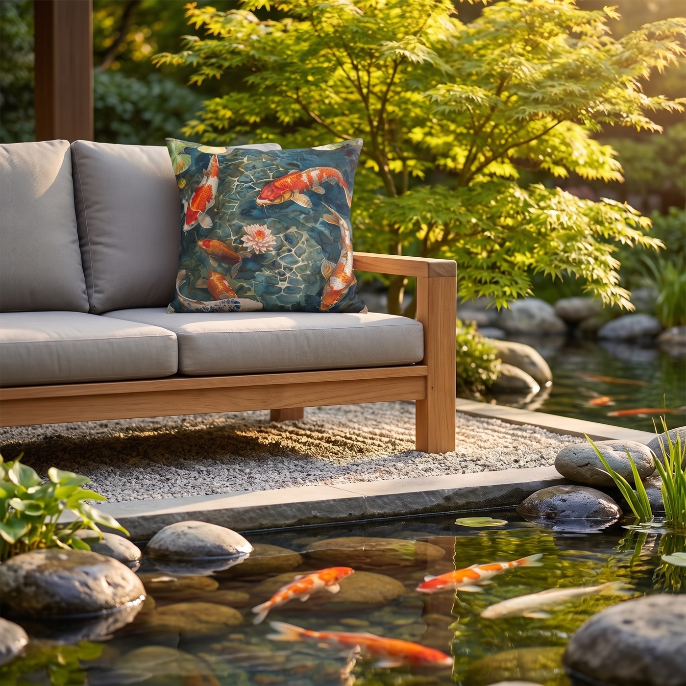 Tranquil Koi Oasis Square Outdoor Pillow - Spun Polyester - Double-Sid