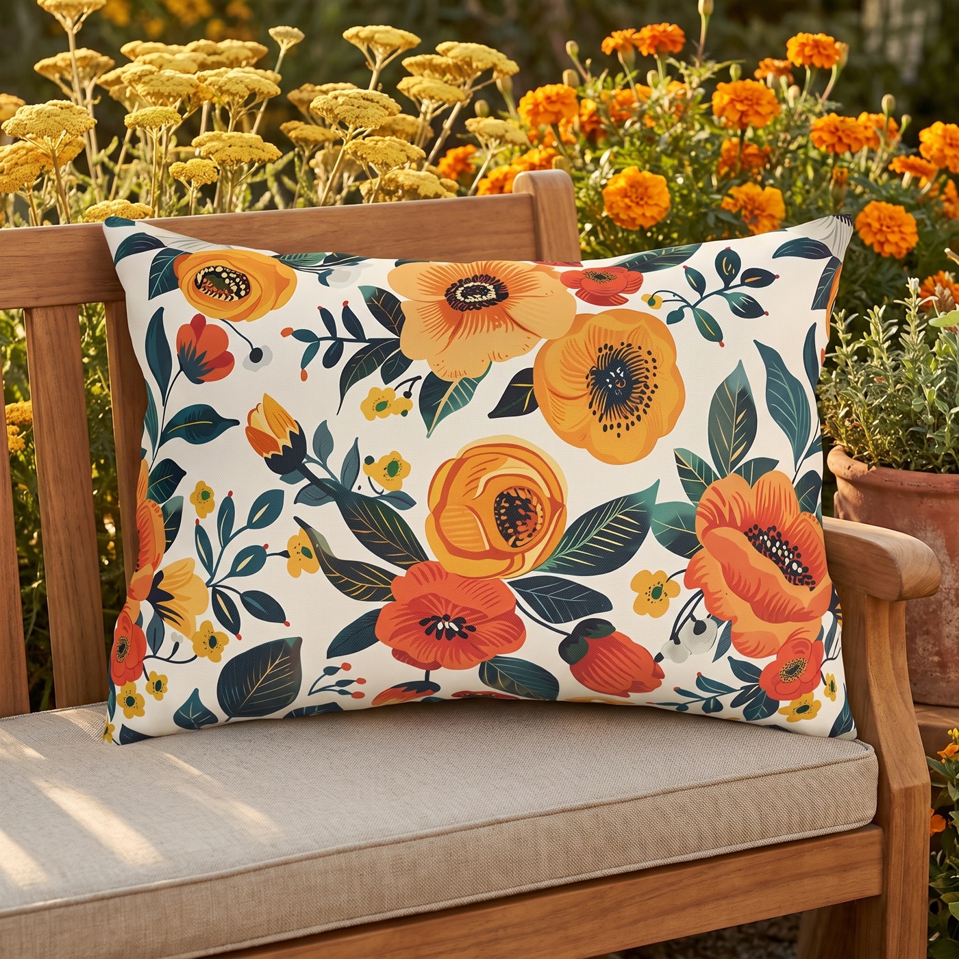 Golden Bloom Harmony Outdoor Lumbar Pillow - Spun Polyester - Double-S