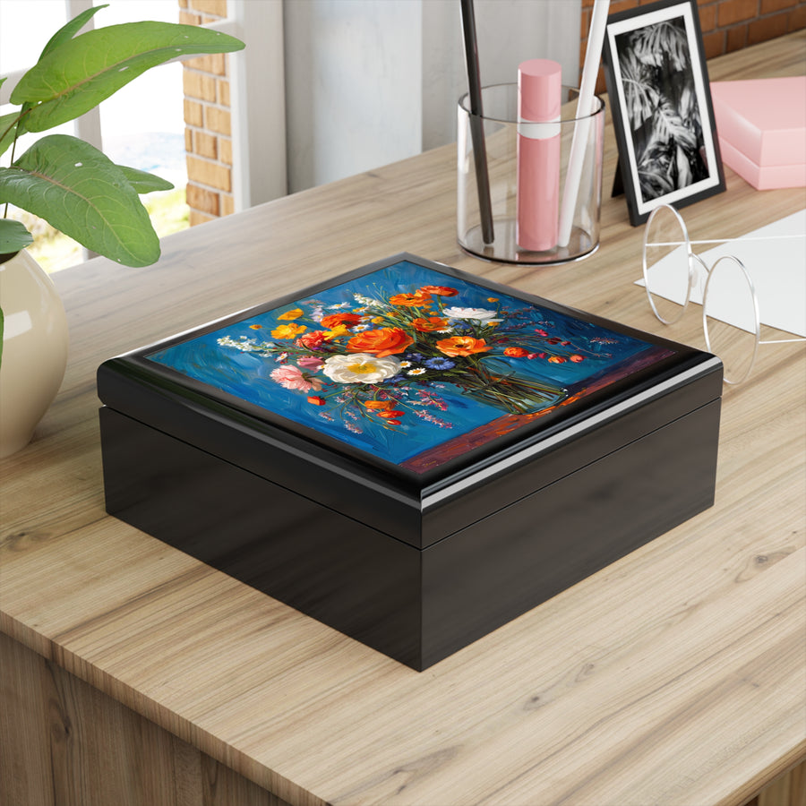 Blossoms on Blue Jewelry Box - High Quality Rubberwood Jewelry Box wit