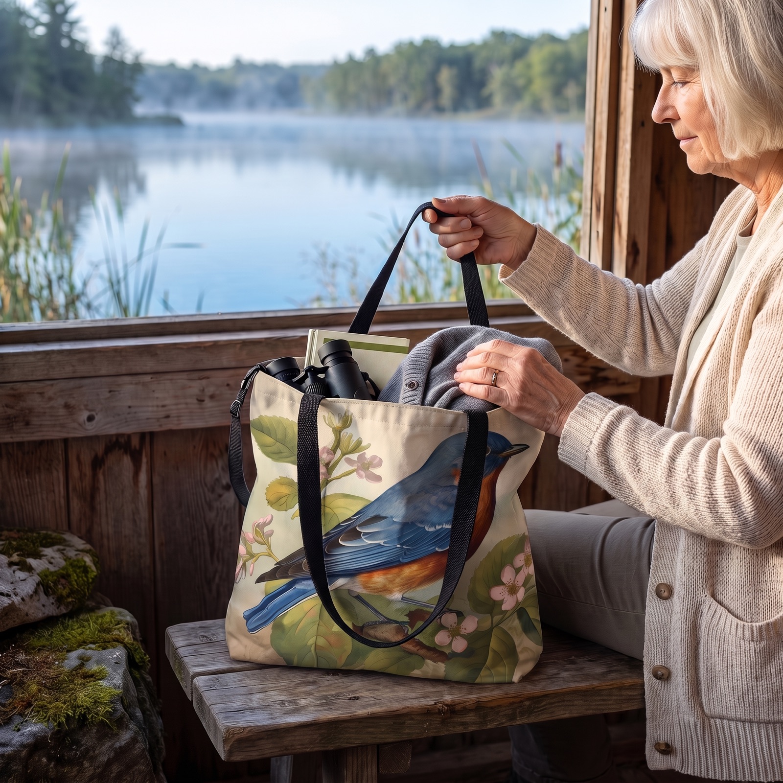 Bluebird Botanical Tote Bag - Enjoy Nature's Elegance on the Go! Available in 3 sizes.