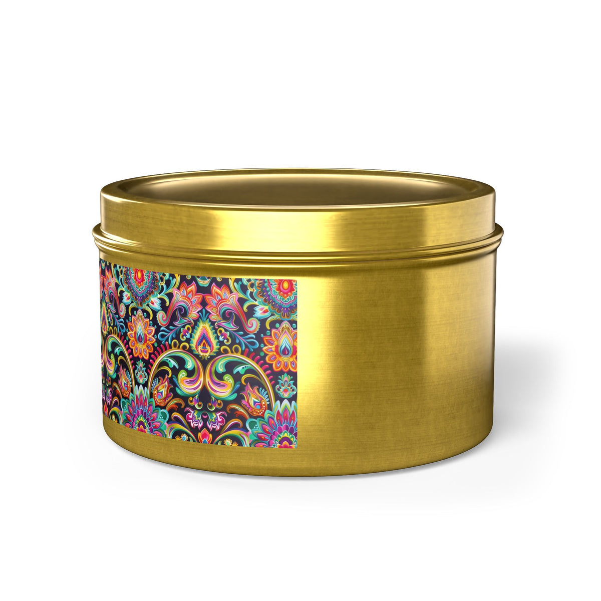 Electric Damask Tin Candle. Timeless Scrollwork, Electric Soul. Available in 2 sizes, 3 finishes, and 5 scents.