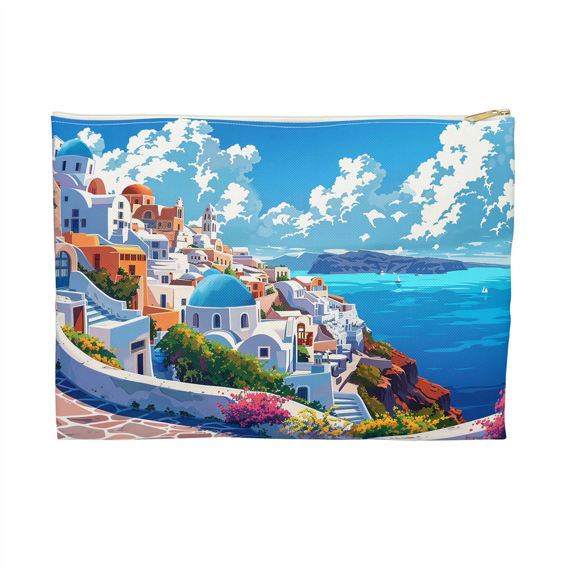 Santorini Serenity Accessory Pouch - Carry a Slice of Mediterranean Paradise Wherever You Go! Available in 2 sizes.