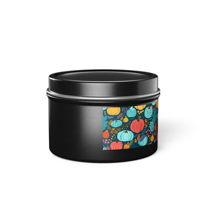 Fall Pumpkin Dance Tin Candle. Autumn's Dance in a Tin. Available in 2 sizes, 3 finishes, and 5 scents.
