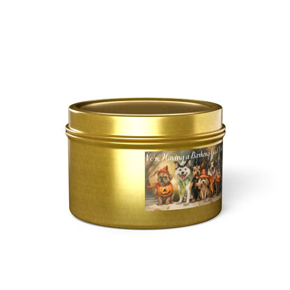 We're Having a Barking Good Halloween! Tin Candle. Spooky Treats in a Tin. Available in 2 sizes, 3 finishes, and 5 scents.