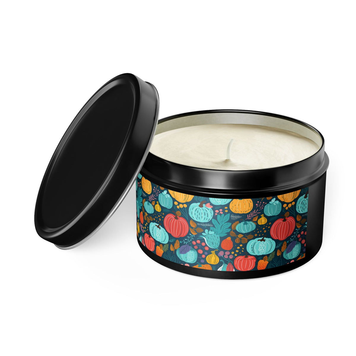 Fall Pumpkin Dance Tin Candle. Autumn's Dance in a Tin. Available in 2 sizes, 3 finishes, and 5 scents.