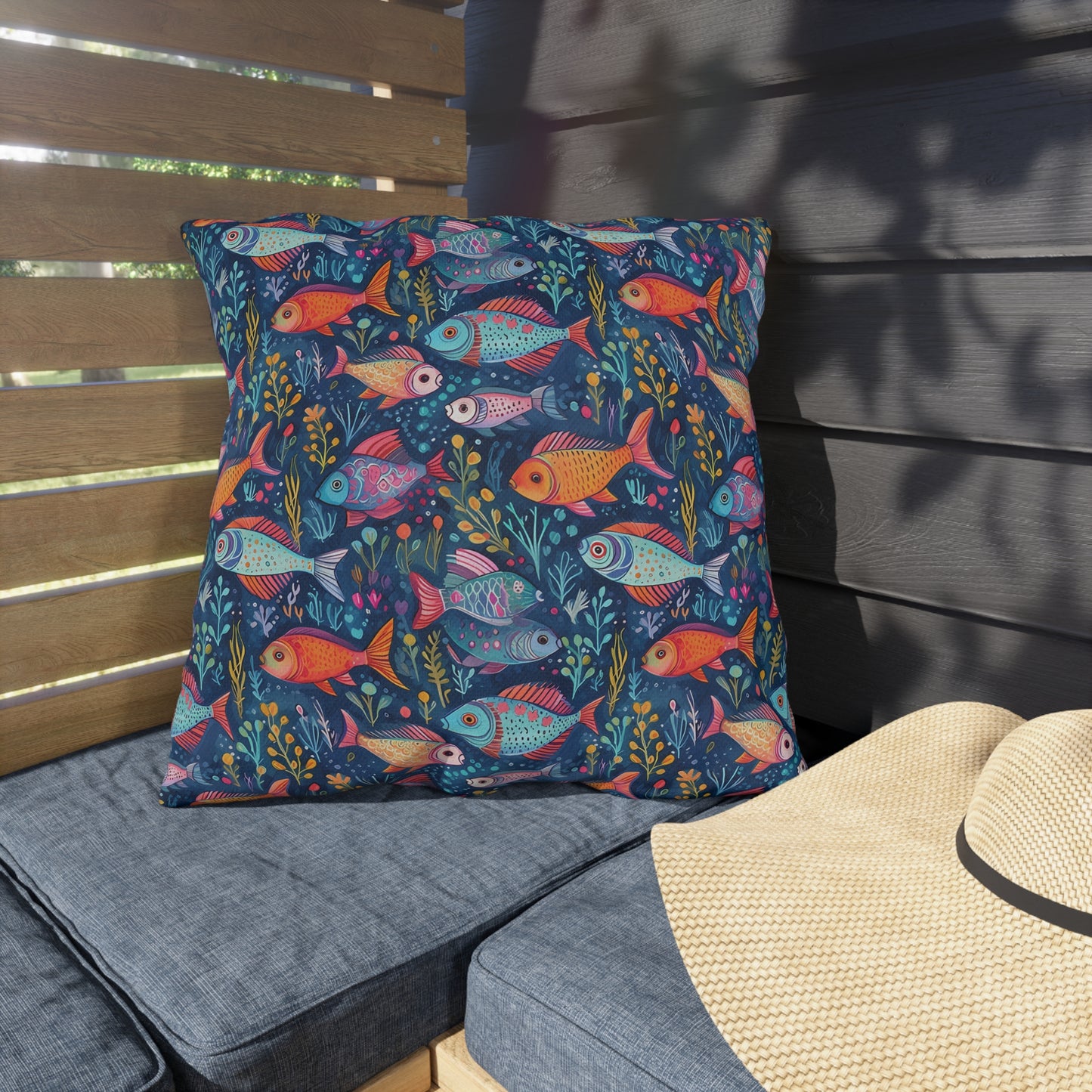 Fun Fish Square Outdoor Pillow - Spun Polyester - Double-Sided Print - UV-Resistant - Water-Resistant - Available in 3 sizes.