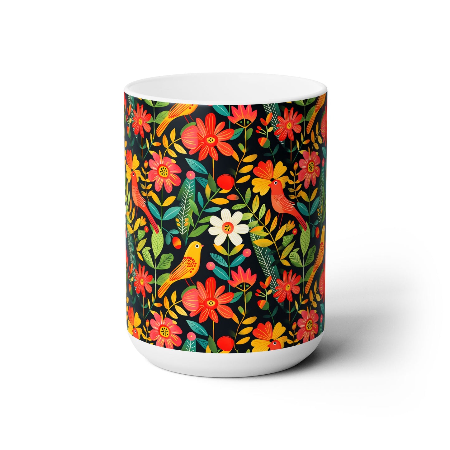 Blooming Bird Wonderland Ceramic Mug - 15 oz. - Glossy White Ceramic - Microwave & Dishwasher Safe.