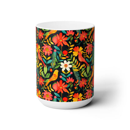 Blooming Bird Wonderland Ceramic Mug - 15 oz. - Glossy White Ceramic - Microwave & Dishwasher Safe.